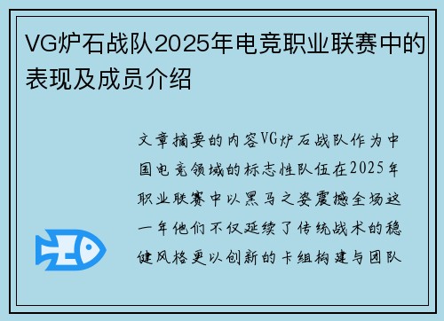 VG炉石战队2025年电竞职业联赛中的表现及成员介绍