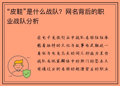 “皮鞋”是什么战队？网名背后的职业战队分析